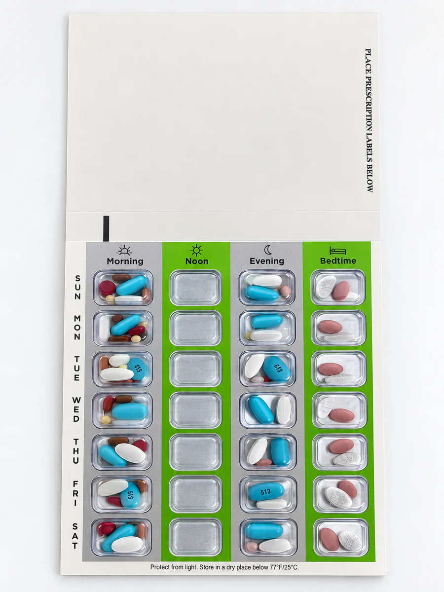 Close-up of an organized seven-day medication blister card