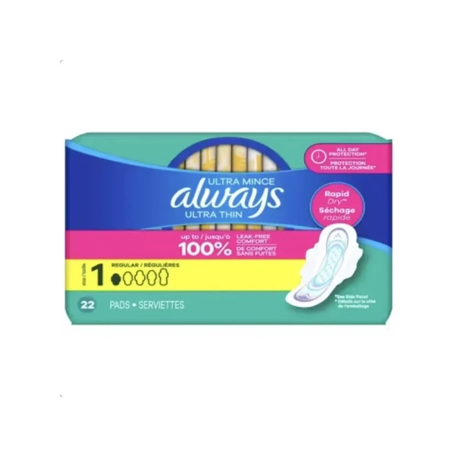 Front package photo of Always® Ultra Thin Regular Pad with Wings, Size 1, 22-Pack
