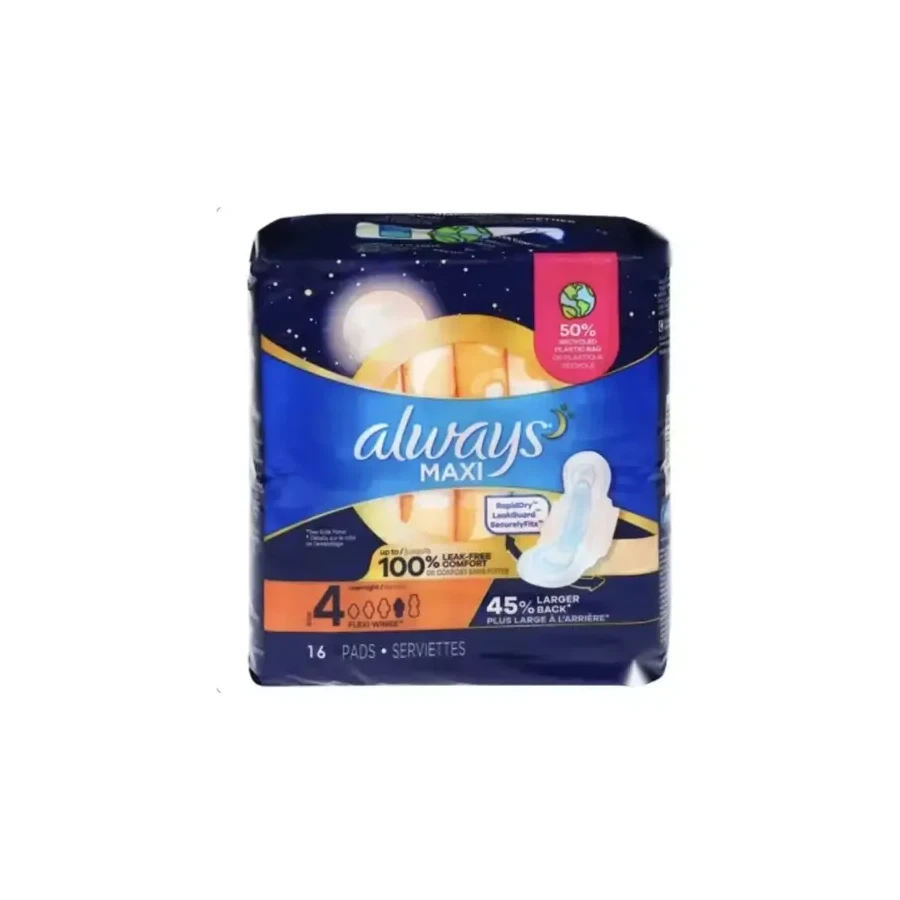 Front package photo of Always® Maxi Overnight Pad with Wings, Size 4, 16-Pack