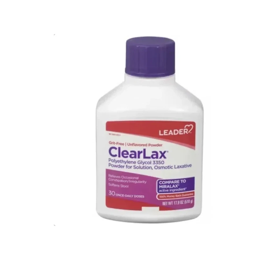 Front package photo of LEADER™ ClearLax® 17 g Unflavored Powder, 17.9 oz (Compare to MiraLAX®)