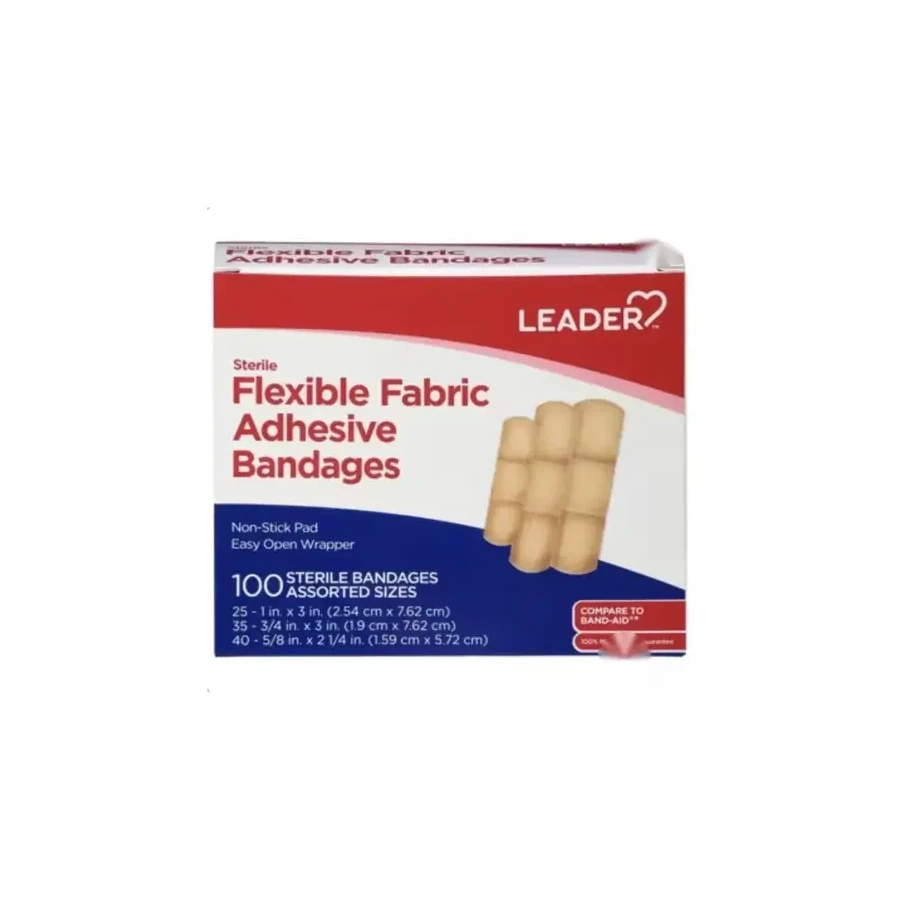 Front package photo of LEADER™ Flexible Fabric Adhesive Bandage, Assorted Sizes, 100-Pack (Compare to BAND-AID®)