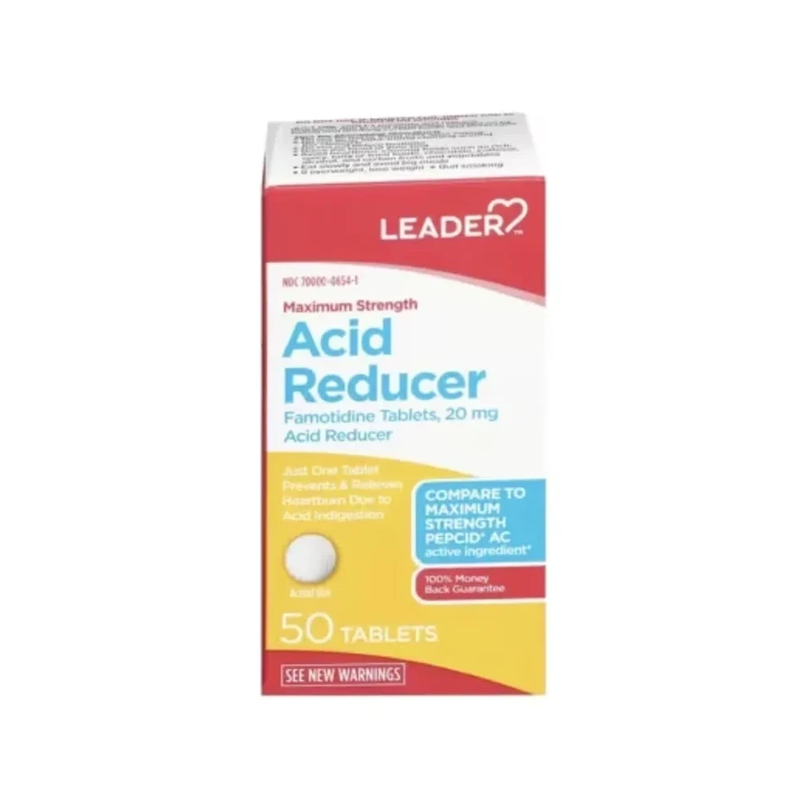 Front package photo of LEADER™ Acid Reducer 20 mg Maximum-Strength Tablet, 50 Count
