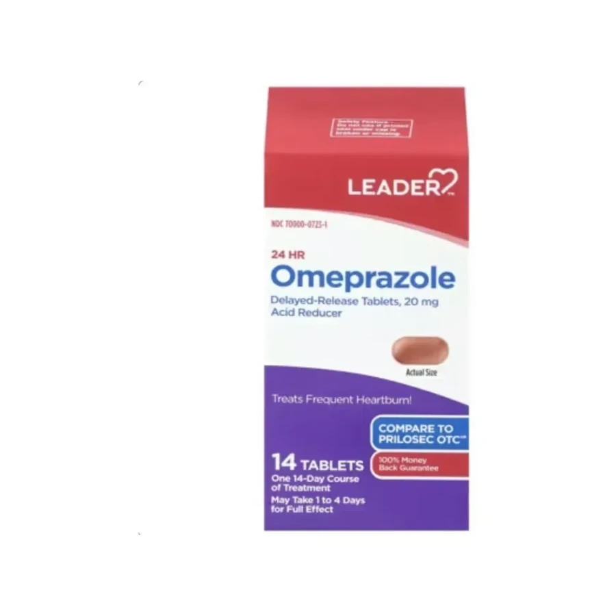 Front package photo of LEADER™ Omeprazole 20 mg 24-Hour Delayed-Release Tablet, 14 Count (Compare to Prilosec OTC®)