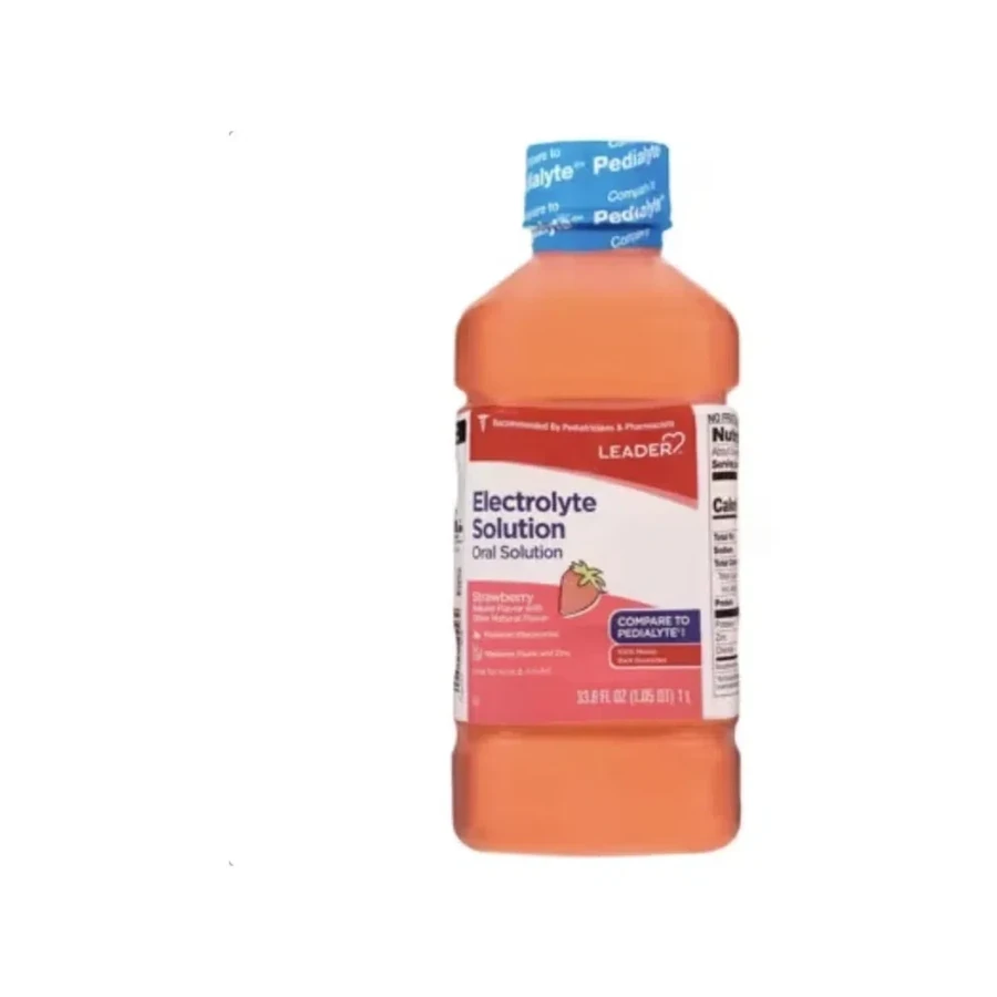 Front package photo of LEADER™ Strawberry Electrolyte Oral Solution, 33.8 oz (Compare to Pedialyte®)