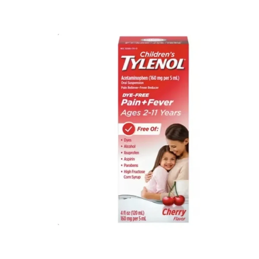 Front package photo of TYLENOL® Children's Pain + Fever 160 mg/5 mL Cherry Dye-Free Oral Suspension, 4 oz