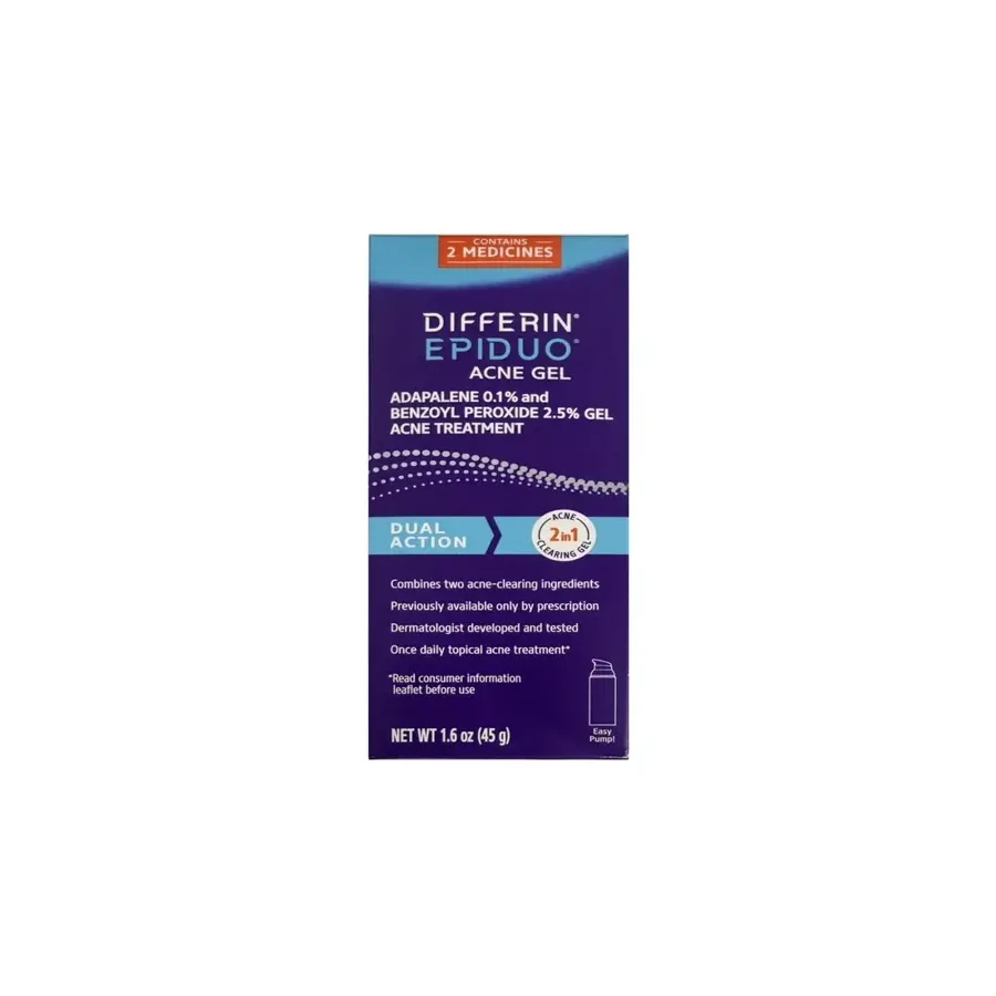 Front package photo of Differin® Epiduo® Acne Gel, Adapalene 0.1% + Benzoyl Peroxide 2.5%, 1.6 oz Pump