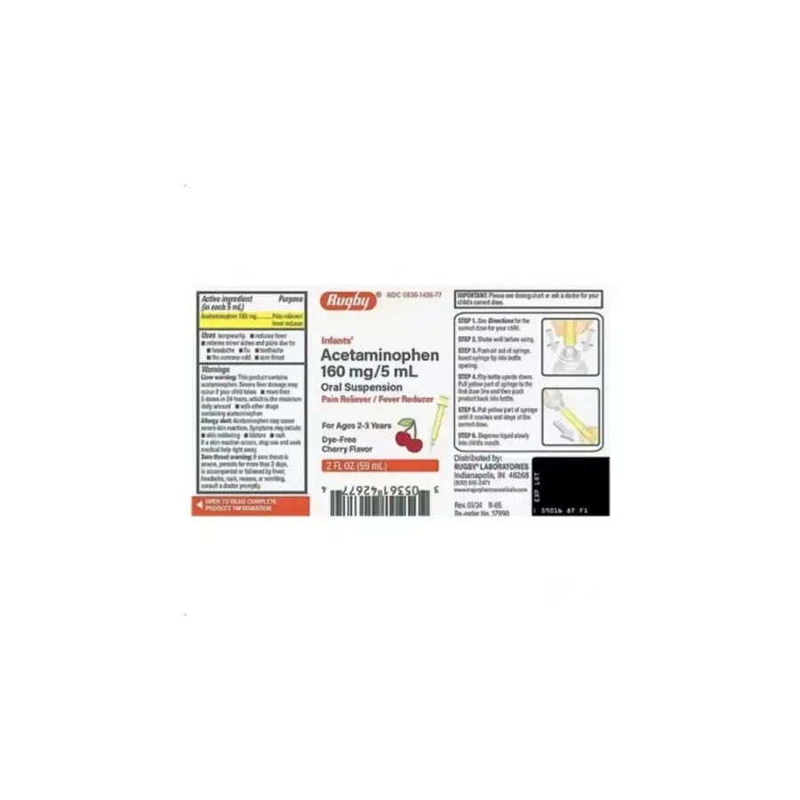 Front package photo of Children's Acetaminophen 160 mg/5 mL Cherry Suspension, 59 mL