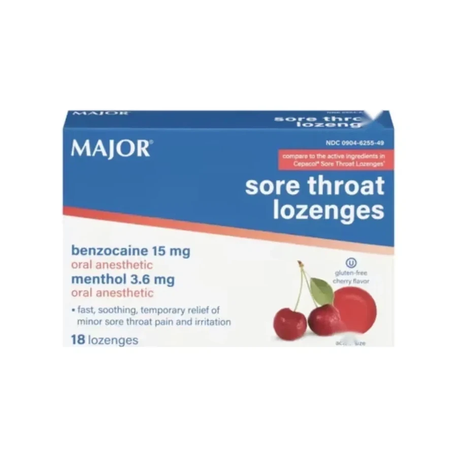 Front package photo of Benzocaine/Menthol 15 mg - 3.6 mg Cherry Sore Throat Lozenge, 18-Pack