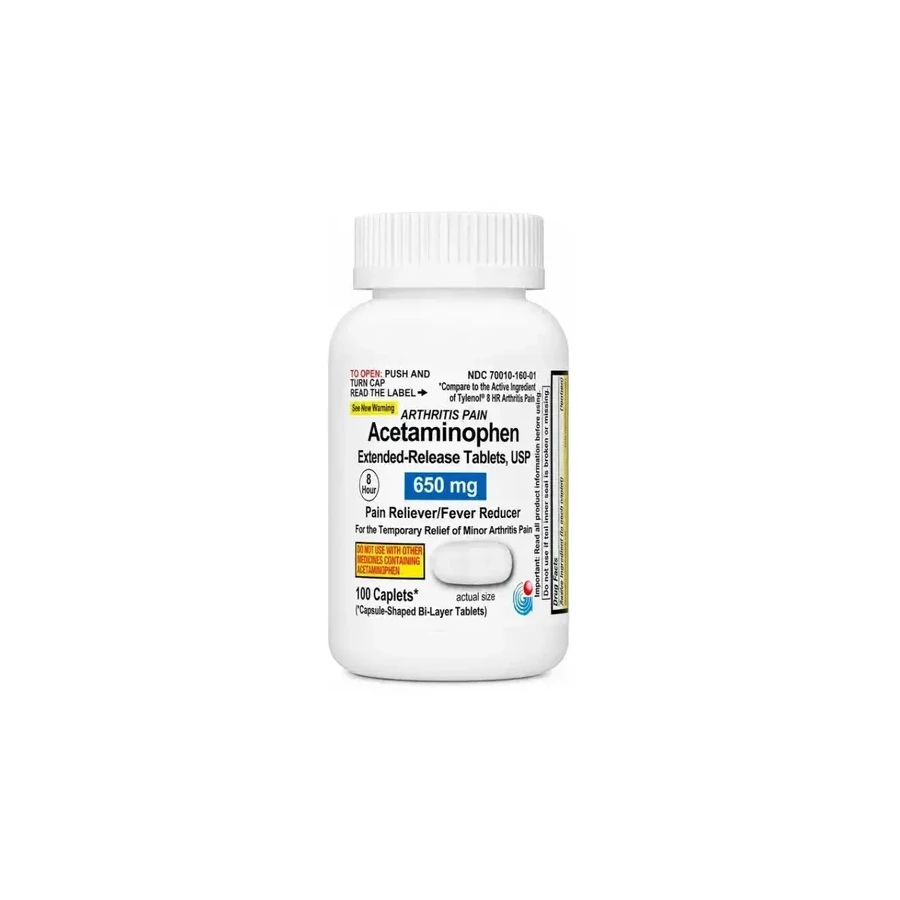 Front package photo of Acetaminophen 650 mg Extended-Release Caplet USP, 100 Count